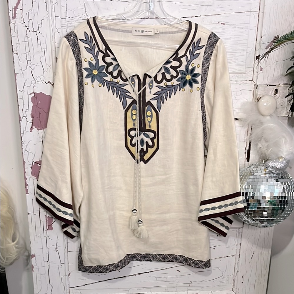 Tory Burch Cream Linen Tunic w/ Blue & Brown Embroidery beadwork and appliqué